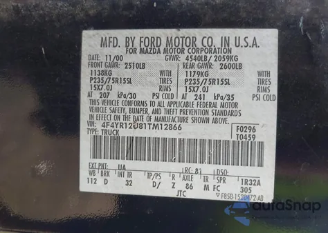 2001 Mazda B3000 Ds/Se from USA, damaged, VIN 4F4YR12U81TM12866